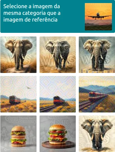Desafio real do hCaptcha: grid 3x3 com elefantes, trens e hambúrgueres distorcidos, e um avião como referência