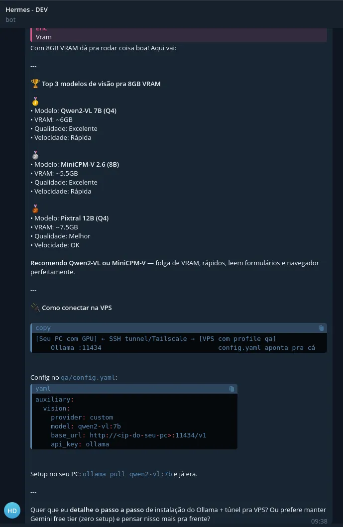 Conversa com o Hermes-Dev no Telegram recomendando modelos de visão pra 8GB de VRAM