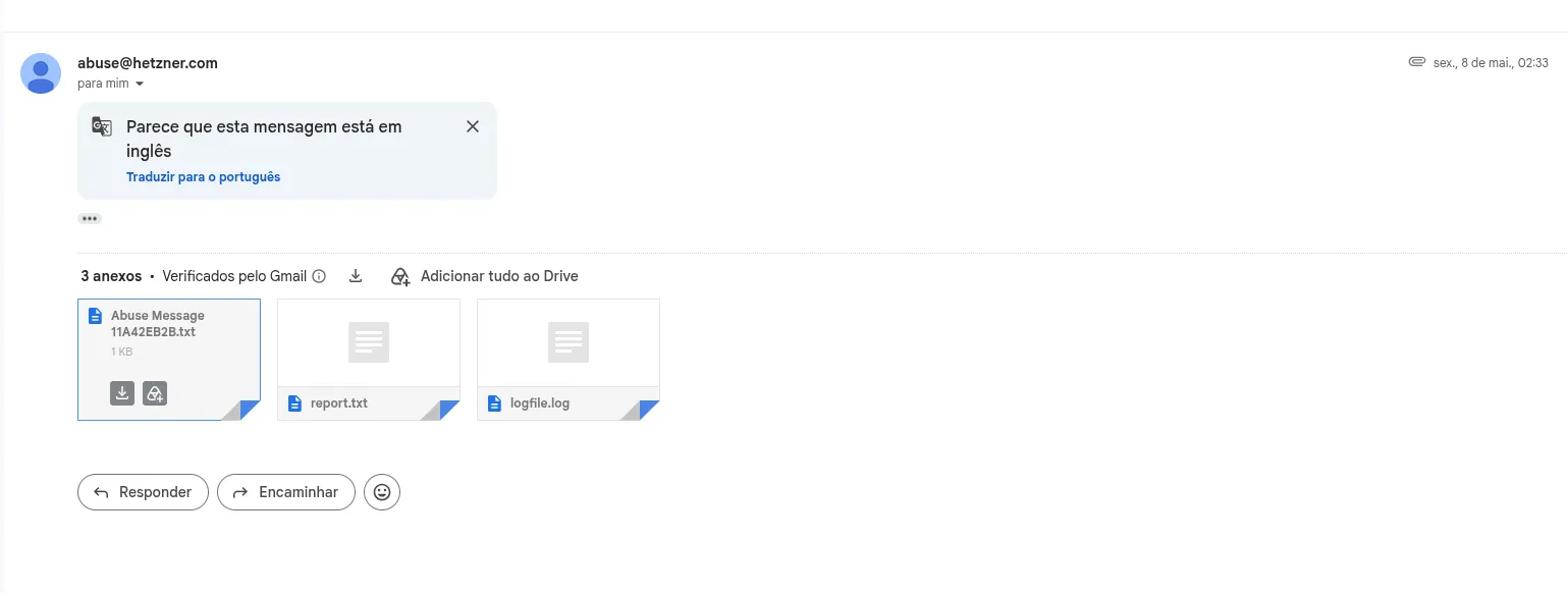 Email da Hetzner recebido às 2:33 da manhã com três anexos