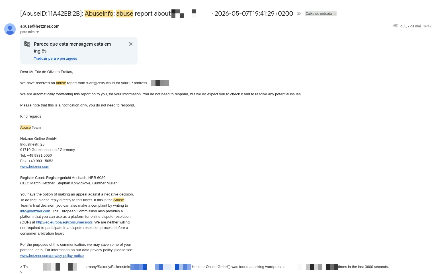 Email da Hetzner repassando o relatório de abuso sobre o IP do servidor