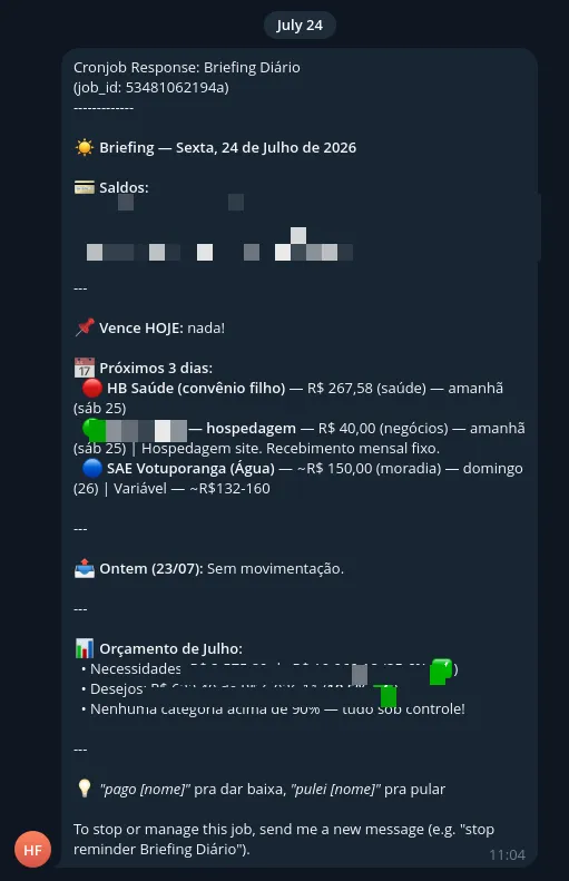 Briefing diário do bot financeiro com saldos, vencimentos e orçamento do mês