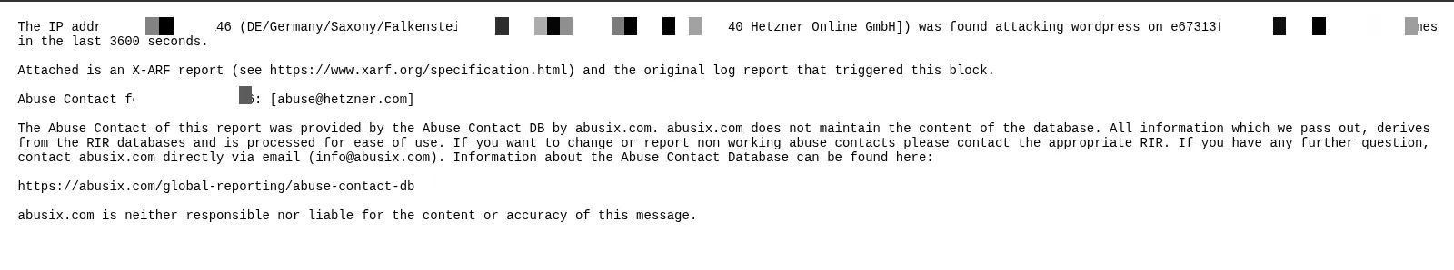 Trecho do relatório X-ARF apontando o IP atacando um WordPress de terceiros