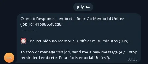 Mensagem do bot secretário lembrando de uma reunião em 30 minutos