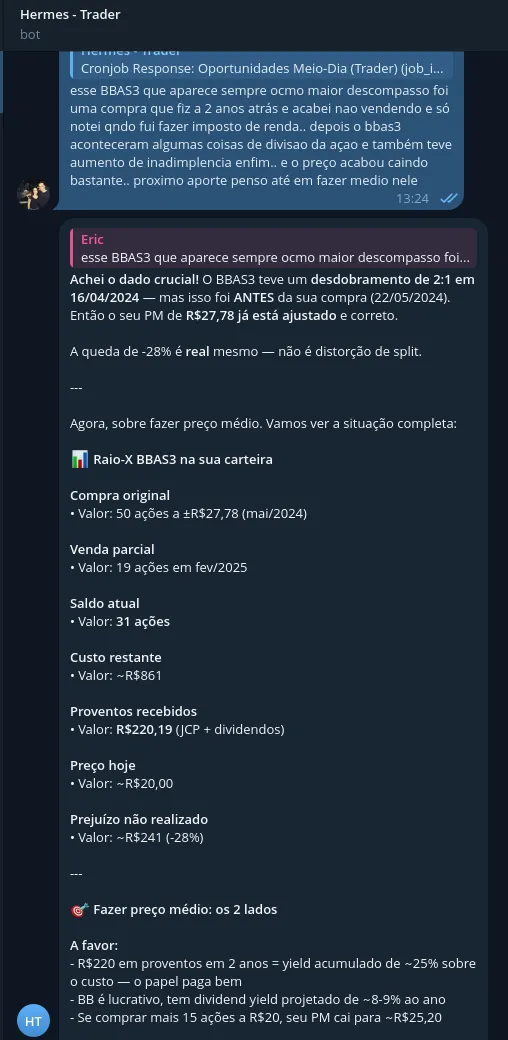 Conversa com o trader analisando preço médio de uma ação, com raio-X da posição