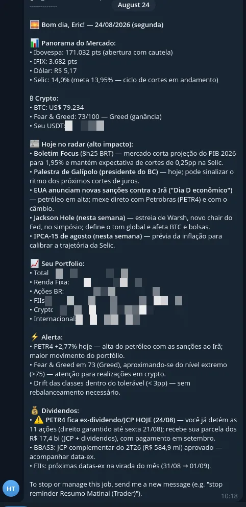 Resumo matinal do trader com panorama de mercado, radar do dia e portfólio
